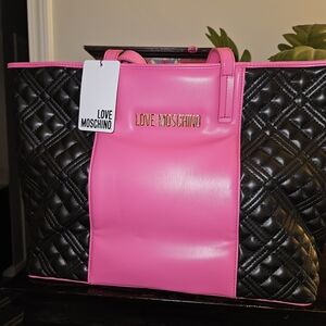 Love Moschino Pink and Black Quilted Tote Bag